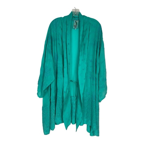 Johnny Was Sz 3X Kimono Cardigan Turqoise Eyelet Lace Embroidered - Picture 1 of 11